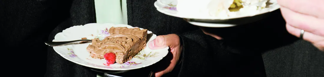 A slice of chocolate cake on a floral porcelain plate, held under the flash.