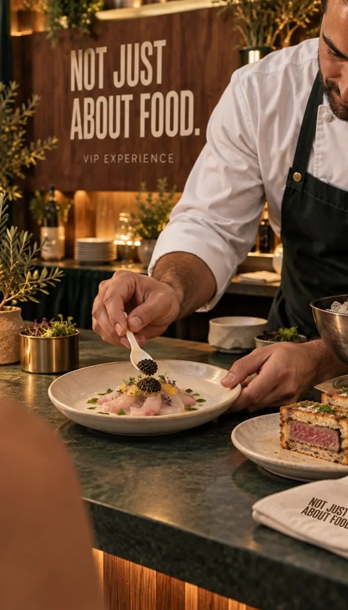 A chef plating a dish at the VIP counter.
