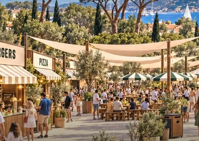 Lunch in the village: long shaded tables, food stands, pines and the bay behind.