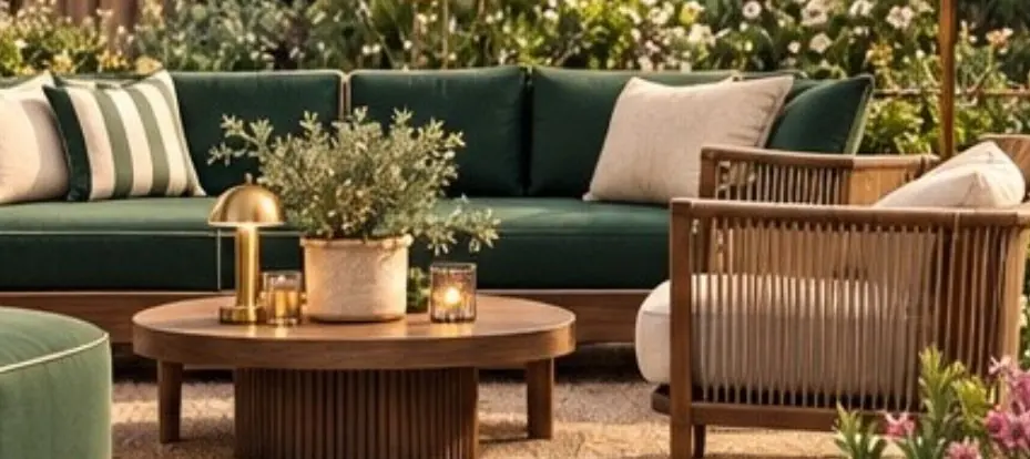 Green sofas and a low wooden table in the VIP garden.