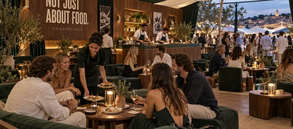 Guests at low tables in the VIP lounge.