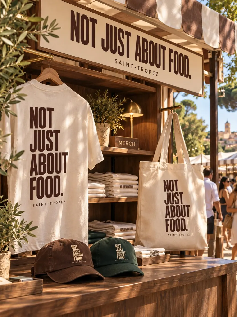 The festival collection: tees, caps and tote bags on a wooden stand.