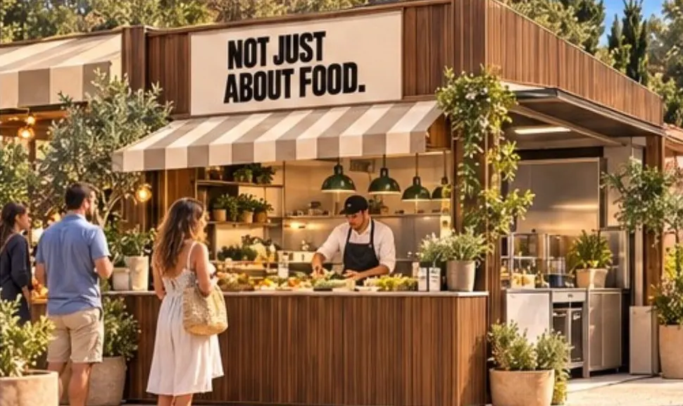 A wooden festival stand signed NOT JUST ABOUT FOOD., a chef at work.