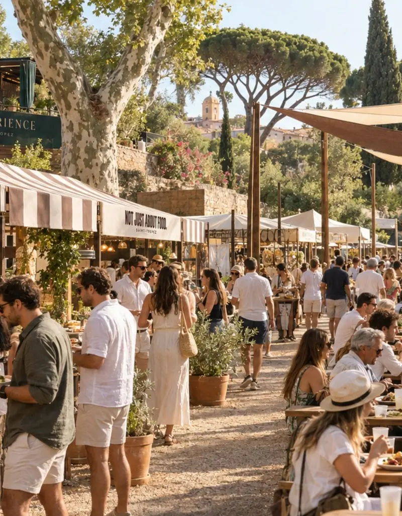 The festival village under the plane trees: striped stands, shaded tables, guests strolling.