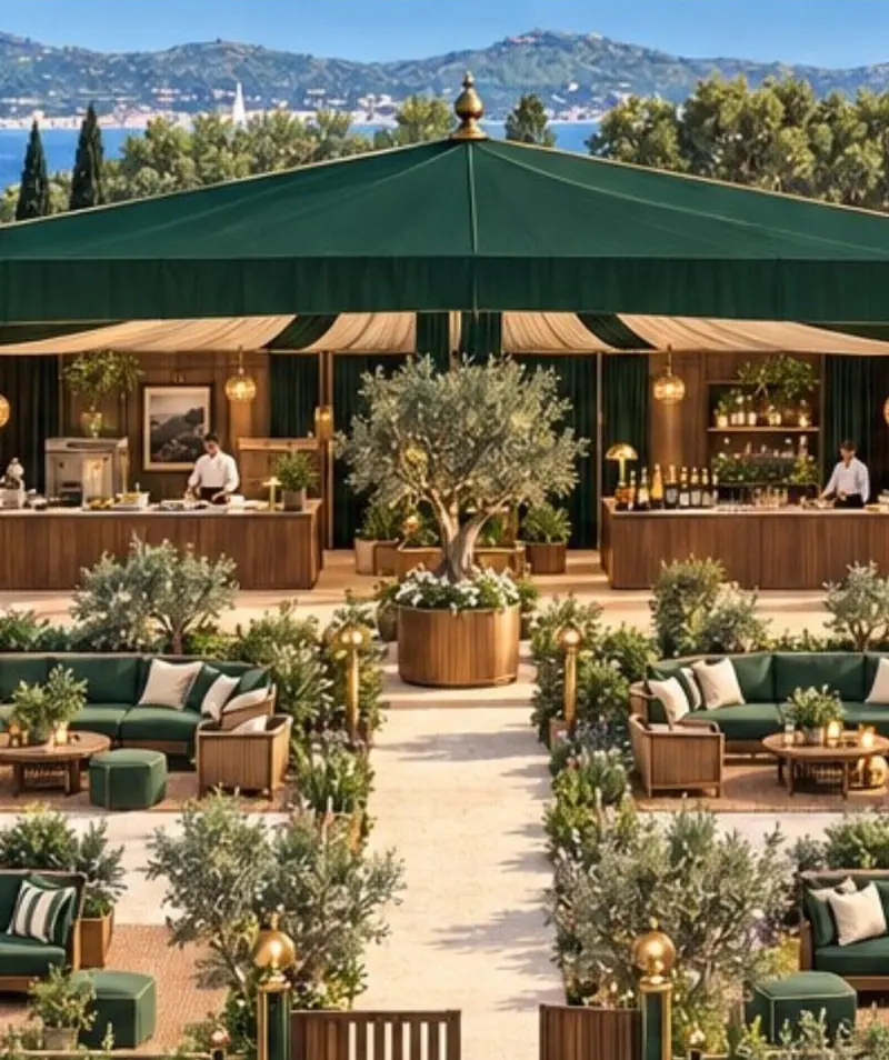 The VIP pavilion: a green tent, olive trees and lounge seating, the bay behind.